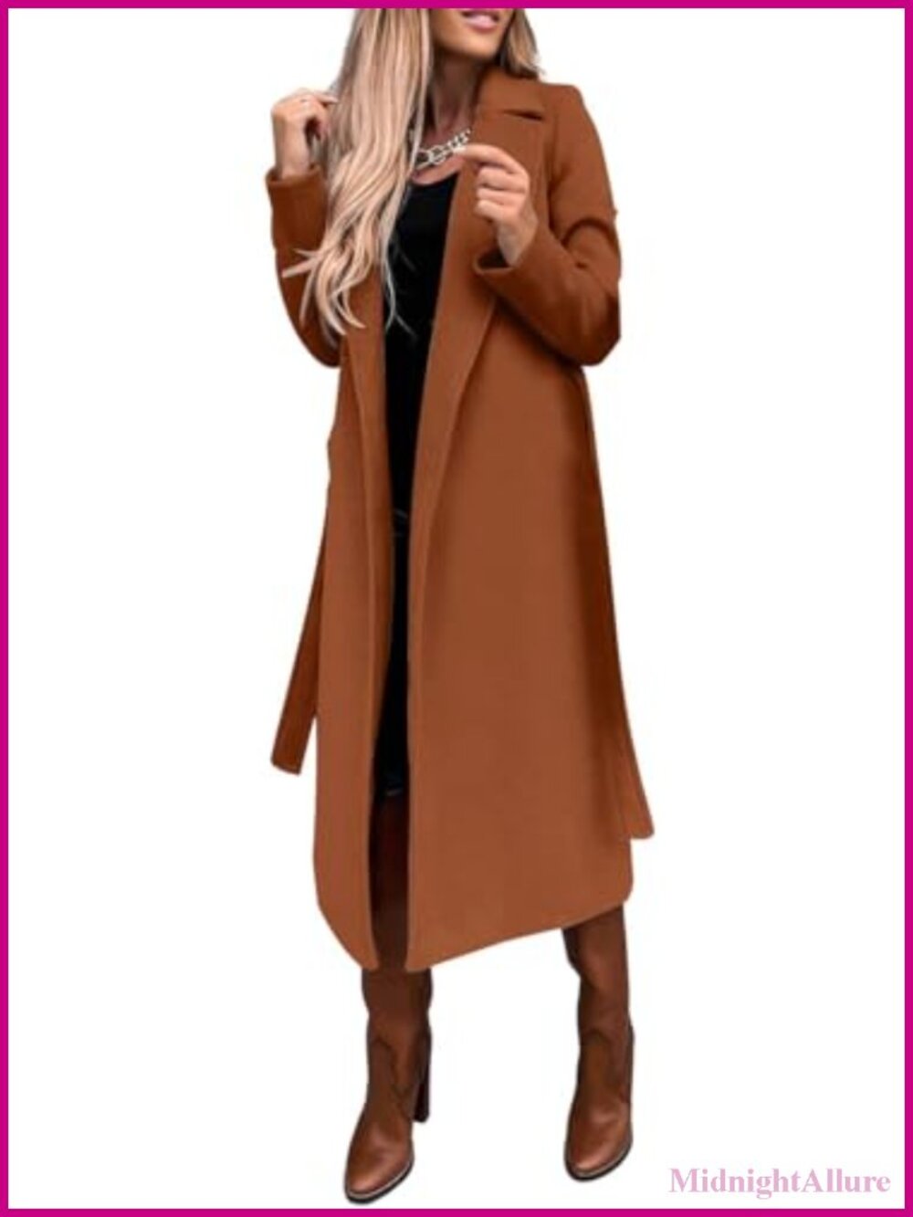 Women's Long Wool Blend Pea Coat Notched Collar Belted Trench